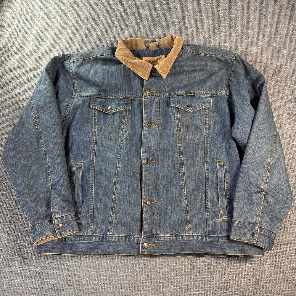 Wrangler Denim Western Jacket Mens XL Blue Flannel Lined Corduroy Collar Rugged